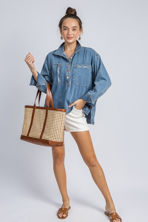 Half Button Denim Shirt - New Arrivals - The Blue Door Boutique